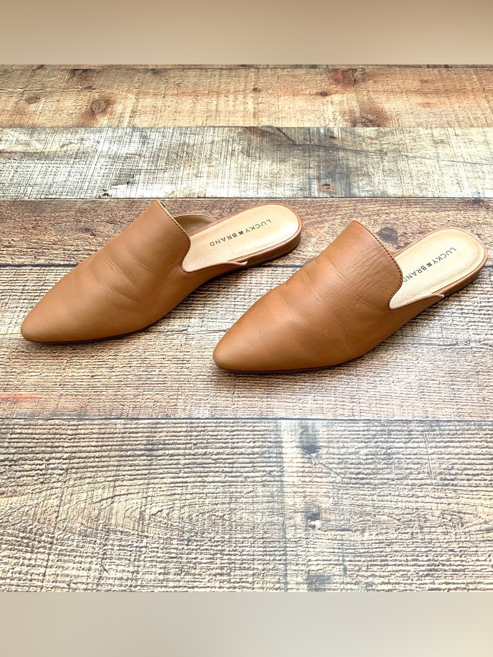 LUCKY BRAND CAMEL LEATHER LIKE MULES